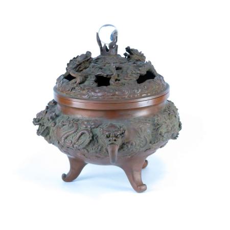 香炉 銅製　竜地紋大香炉(ツマミは水晶付)