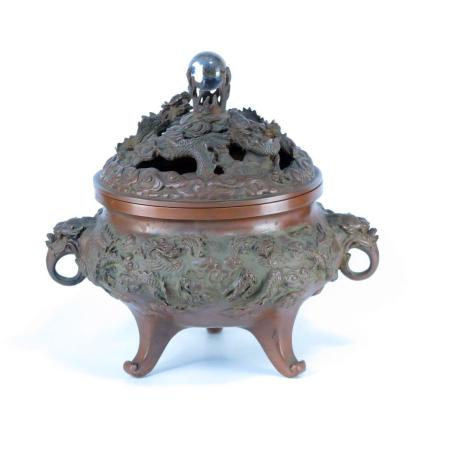香炉 銅製　竜地紋大香炉(ツマミは水晶付)