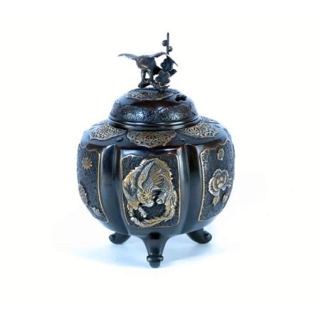 香炉 銅製　六面吉祥地紋香炉　漆びきメッキ