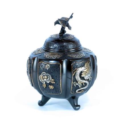 香炉 銅製　六面吉祥地紋香炉　漆びきメッキ