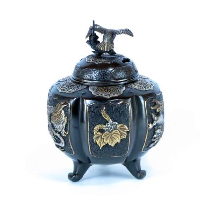 香炉 銅製　六面吉祥地紋香炉　漆びきメッキ