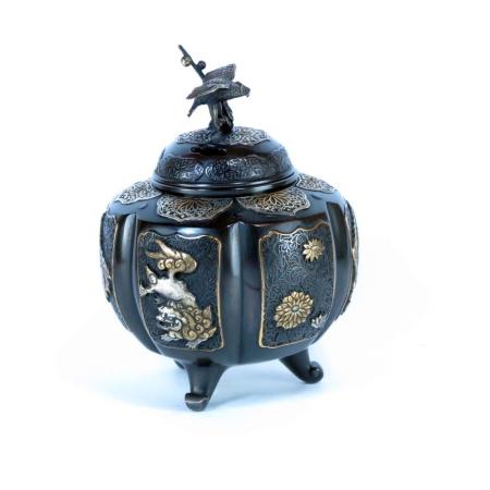 香炉 銅製　六面吉祥地紋香炉　漆びきメッキ