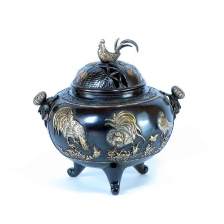 香炉 銅製　朝陽地紋香炉　漆びきメッキ