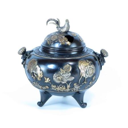 香炉 銅製　朝陽地紋香炉　漆びきメッキ